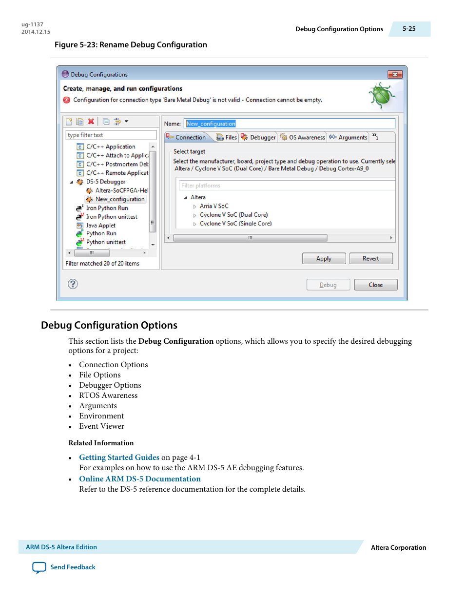 Debug configuration options, Debug configuration options -25 | Altera SoC Embedded Design Suite User Manual | Page 150 / 207