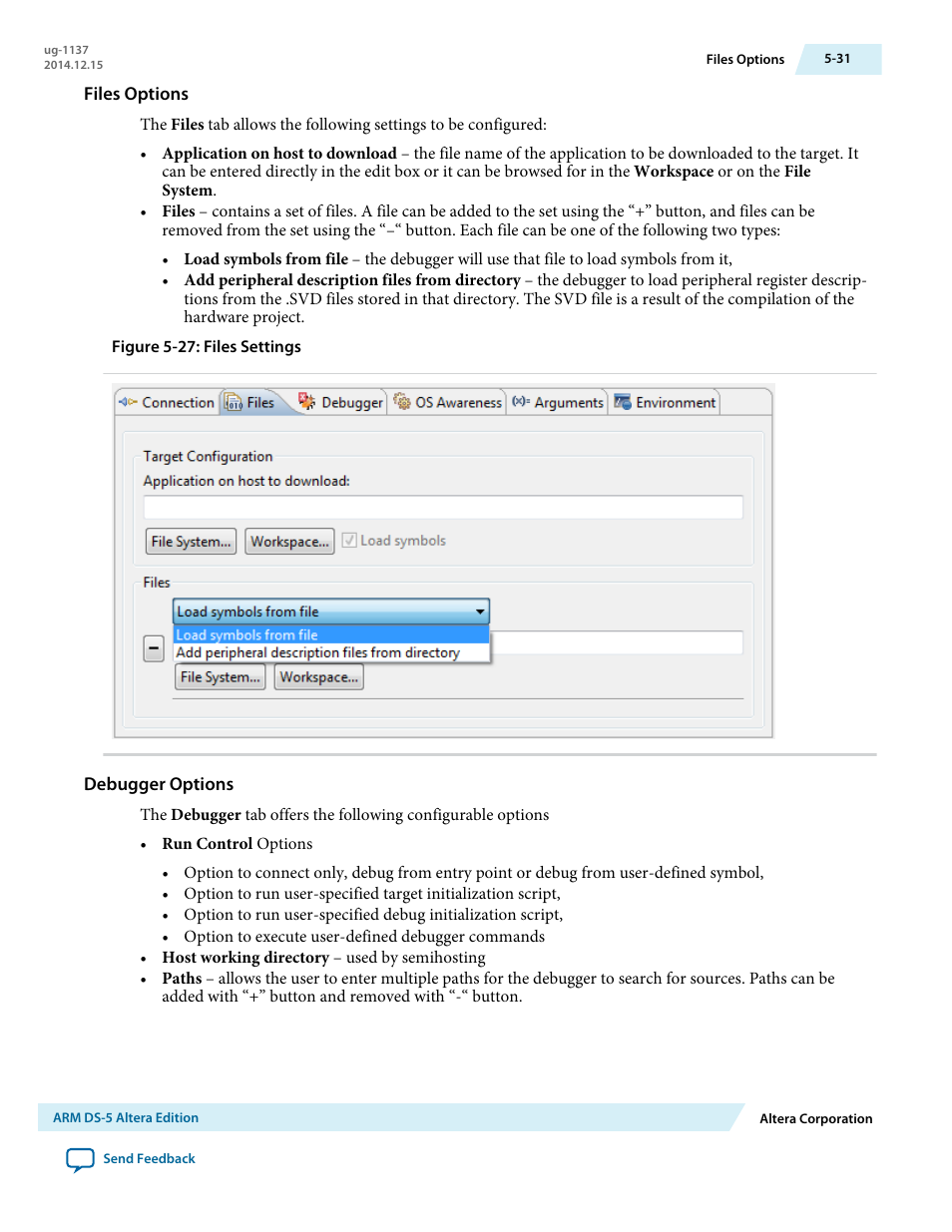 Files options, Debugger options | Altera SoC Embedded Design Suite User Manual | Page 156 / 207