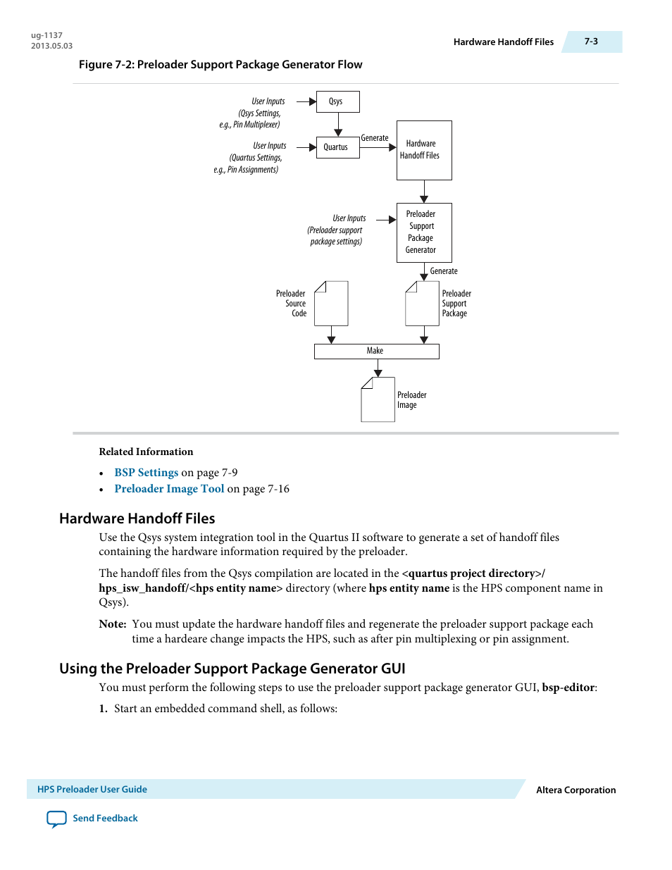 Hardware handoff files, Using the preloader support package generator gui, Hardware handoff files -3 | Altera SoC Embedded Design Suite User Manual | Page 168 / 207