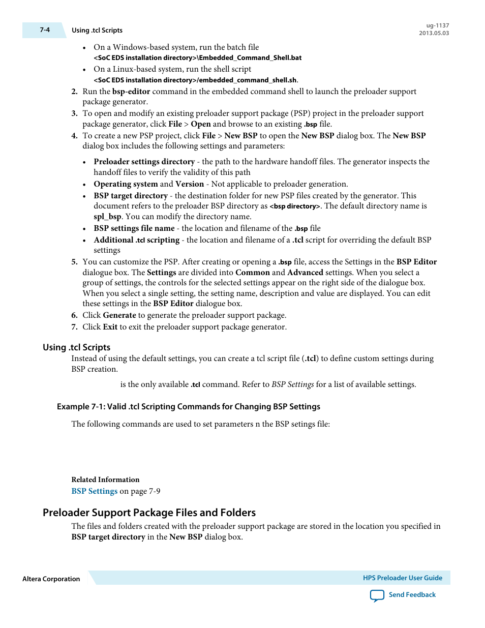 Using .tcl scripts, Preloader support package files and folders, Preloader support package files and folders -4 | Altera SoC Embedded Design Suite User Manual | Page 169 / 207