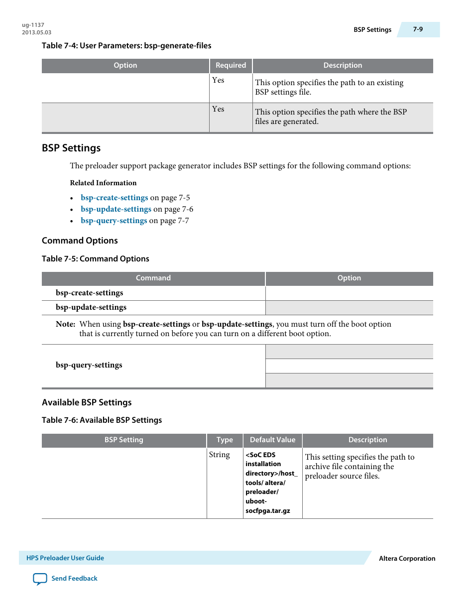 Bsp settings, Command options, Available bsp settings | Bsp settings -9 | Altera SoC Embedded Design Suite User Manual | Page 174 / 207