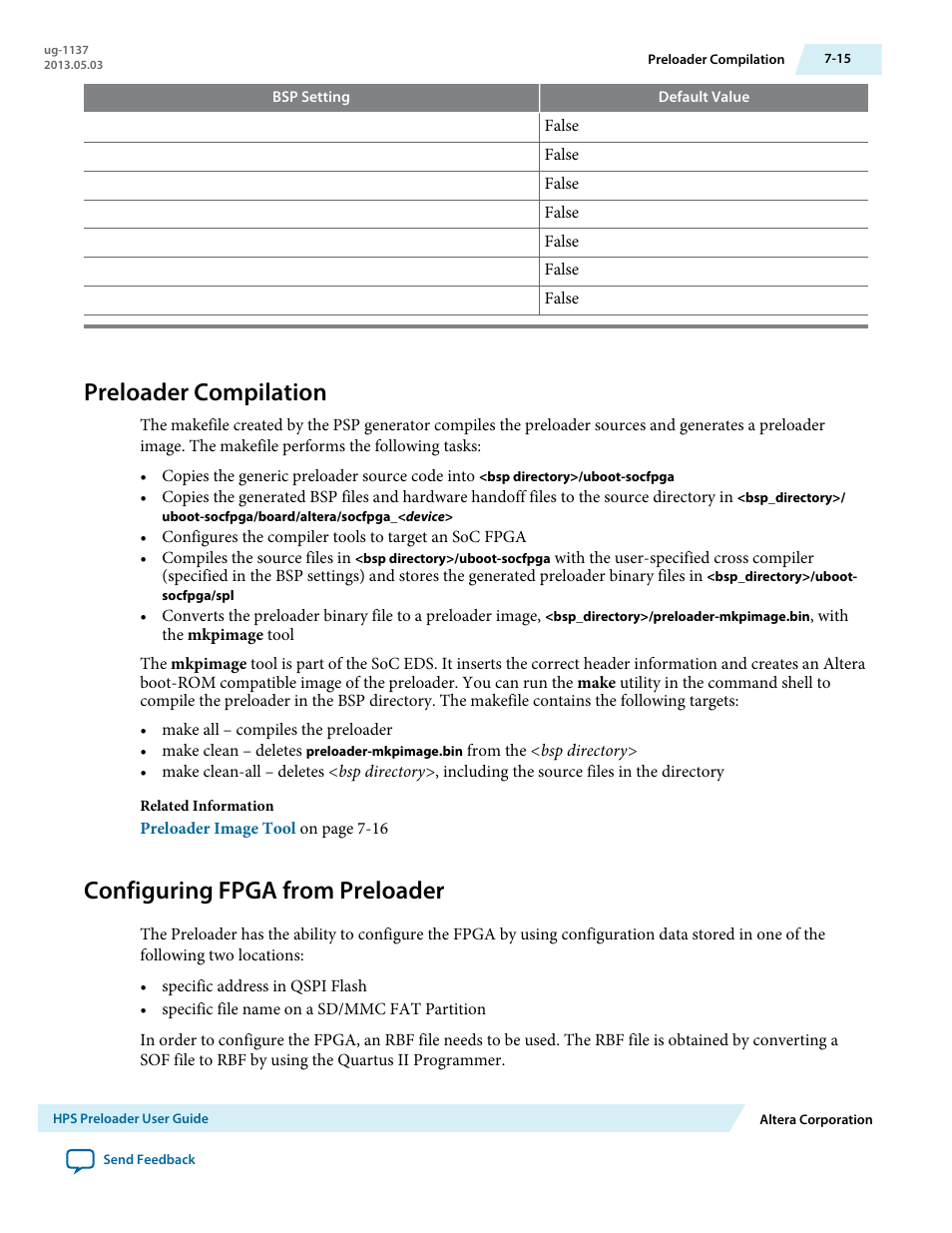 Preloader compilation, Configuring fpga from preloader, Preloader compilation -15 | Configuring fpga from preloader -15 | Altera SoC Embedded Design Suite User Manual | Page 180 / 207