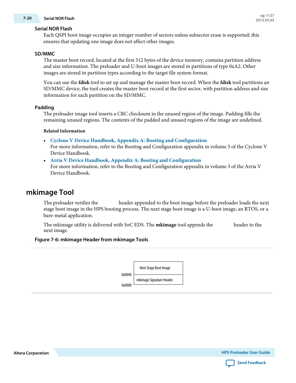 Serial nor flash, Sd/mmc, Padding | Mkimage tool, Mkimage tool -20 | Altera SoC Embedded Design Suite User Manual | Page 185 / 207