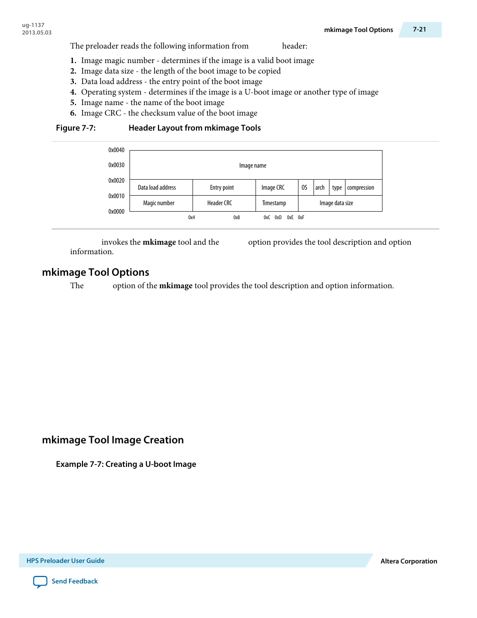 Mkimage tool options, Mkimage tool image creation, Mkimage tool options -21 | Mkimage tool image creation -21 | Altera SoC Embedded Design Suite User Manual | Page 186 / 207