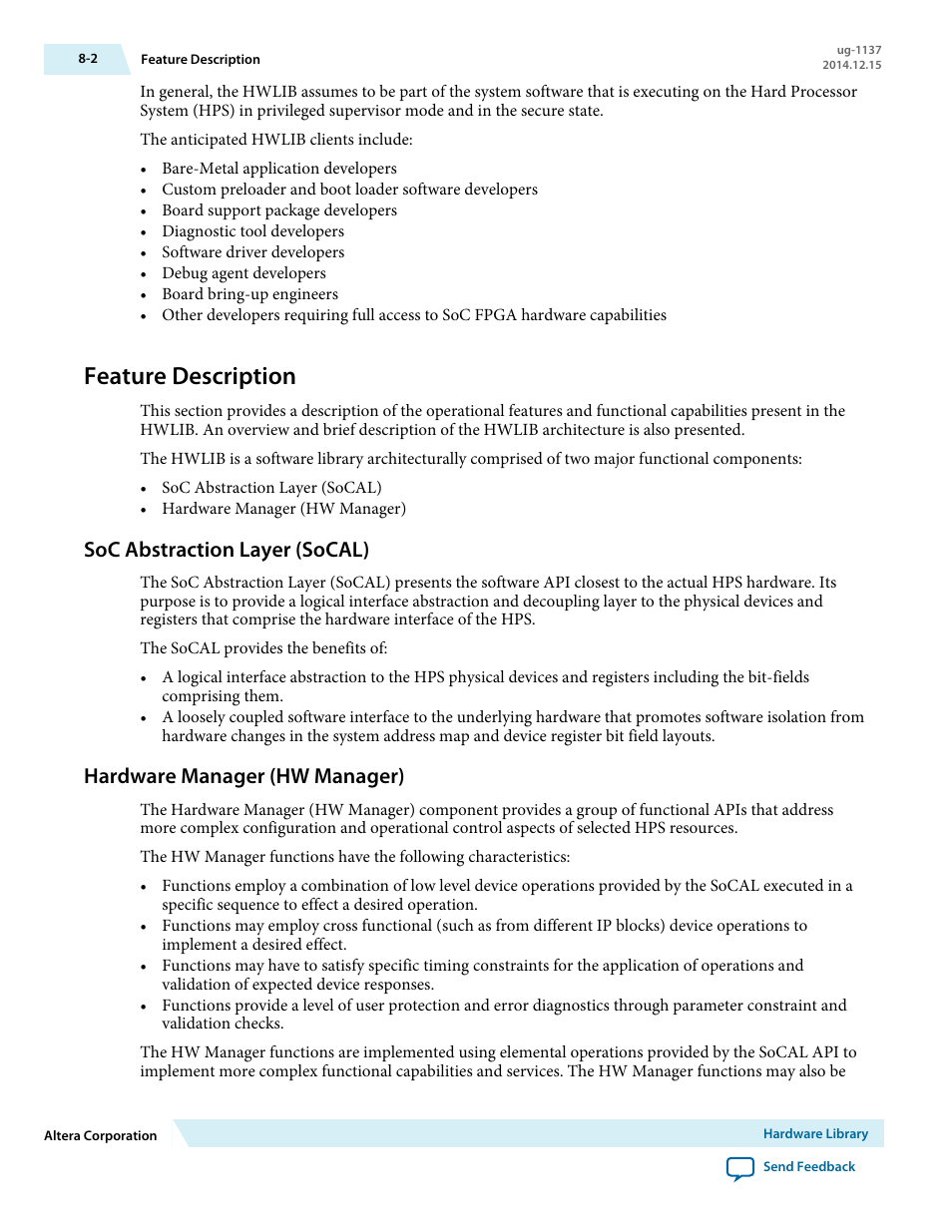 Feature description, Soc abstraction layer (socal), Hardware manager (hw manager) | Feature description -2, Soc abstraction layer (socal) -2, Hardware manager (hw manager) -2 | Altera SoC Embedded Design Suite User Manual | Page 189 / 207