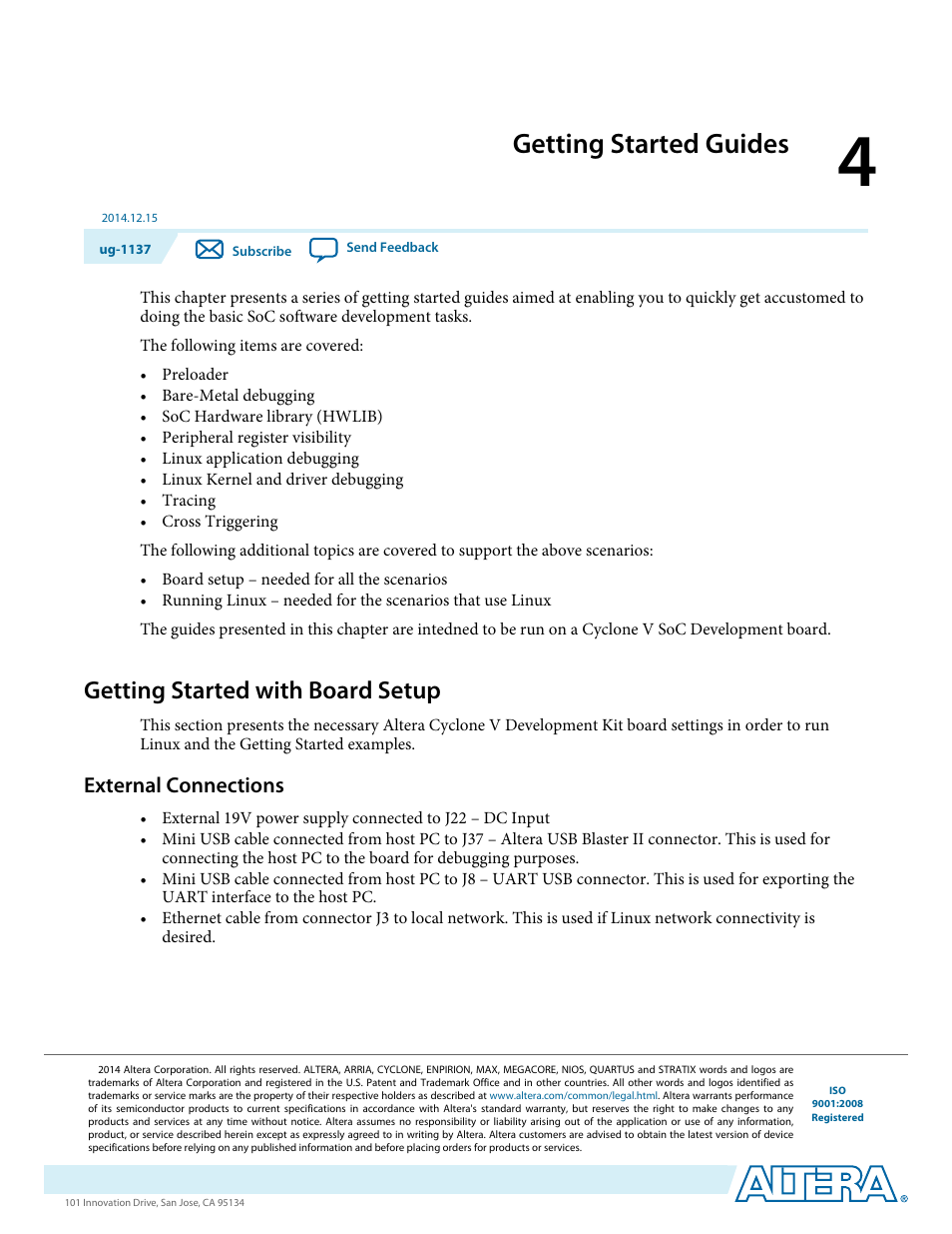Getting started guides, Getting started with board setup, External connections | Getting started guides -1, Getting started with board setup -1, External connections -1 | Altera SoC Embedded Design Suite User Manual | Page 20 / 207