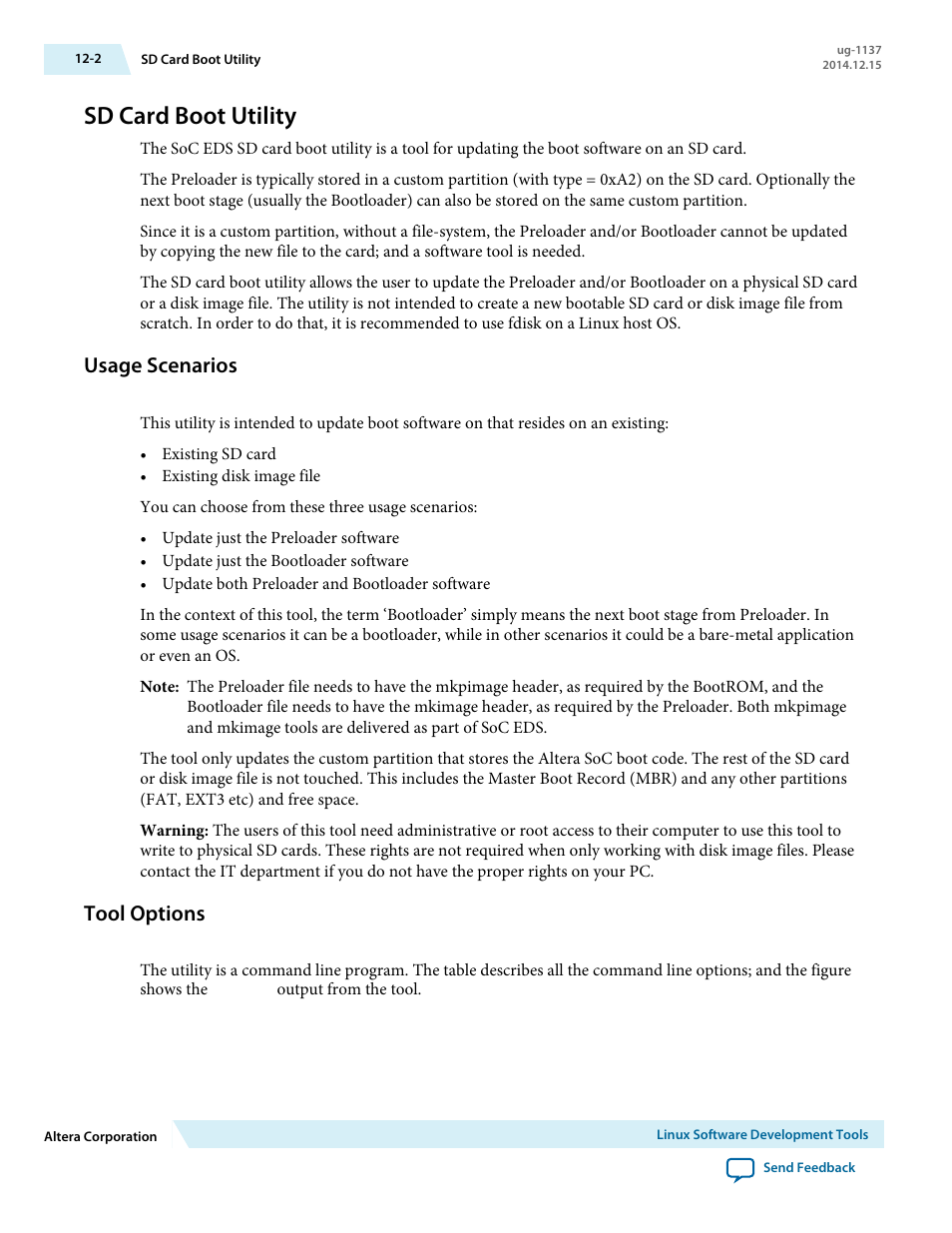 Sd card boot utility, Usage scenarios, Tool options | Sd card boot utility -2, Usage scenarios -2, Tool options -2 | Altera SoC Embedded Design Suite User Manual | Page 203 / 207