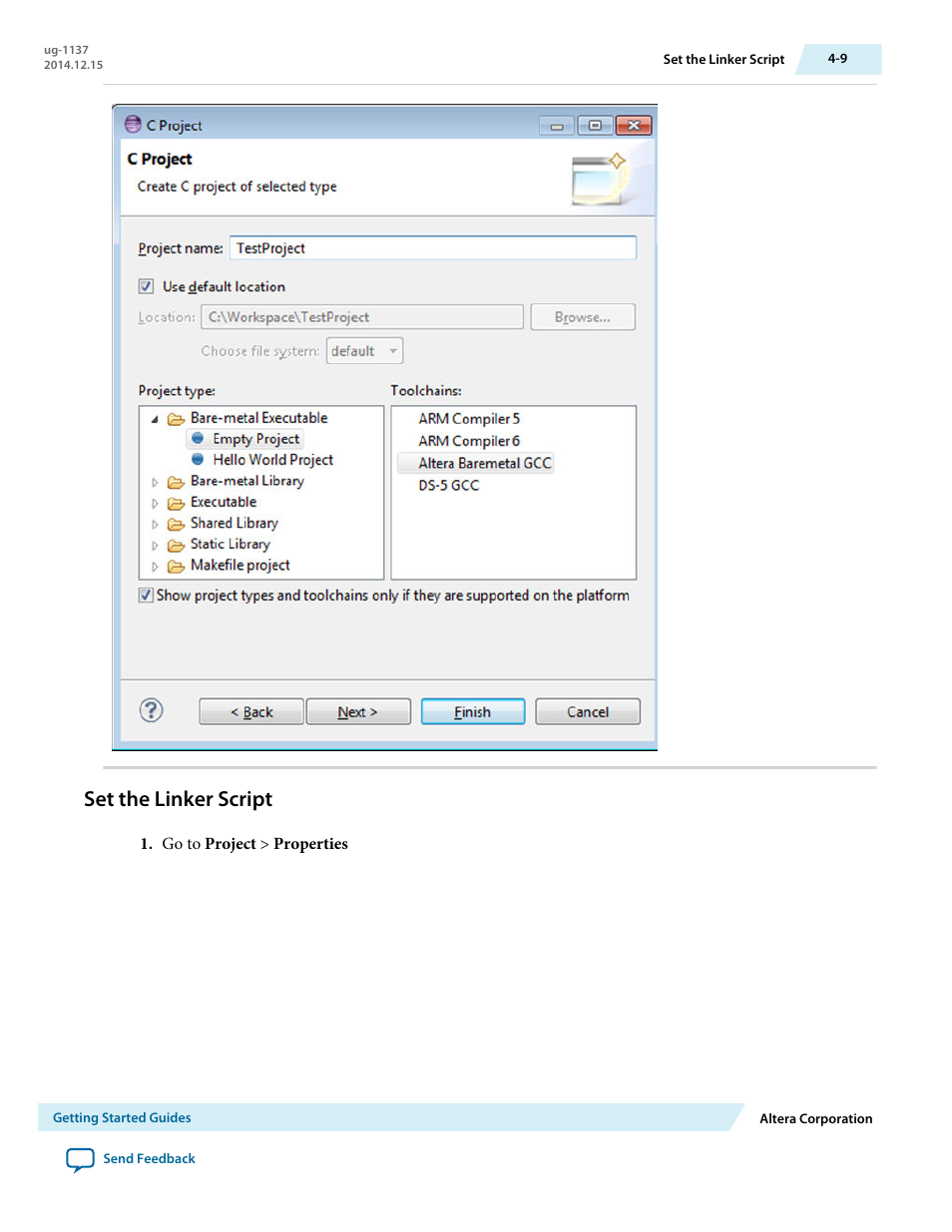 Set the linker script, Set the linker script -9 | Altera SoC Embedded Design Suite User Manual | Page 28 / 207