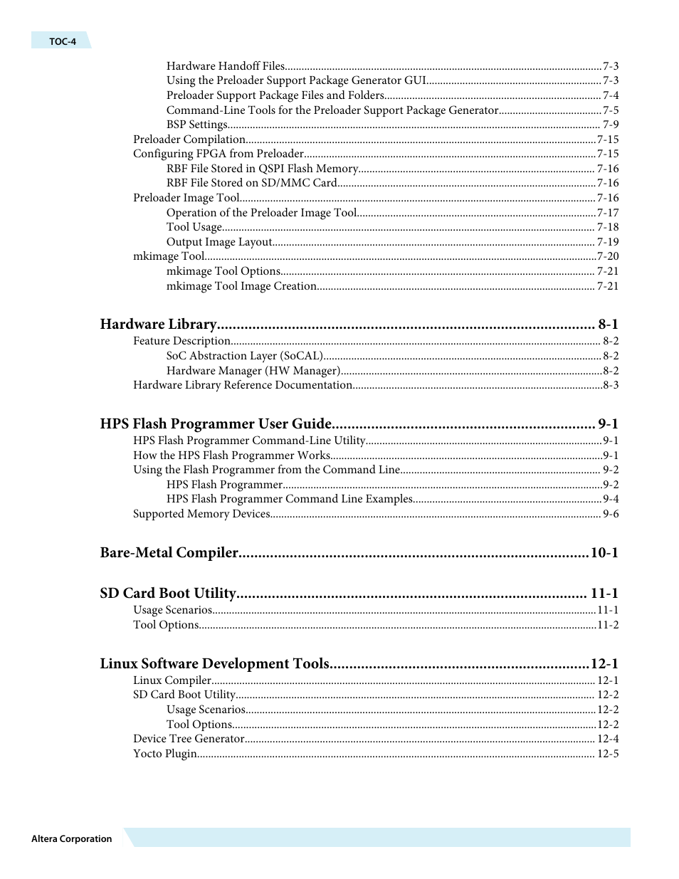 Hardware library -1, Hps flash programmer user guide -1, Bare-metal compiler -1 sd card boot utility -1 | Linux software development tools -1 | Altera SoC Embedded Design Suite User Manual | Page 4 / 207