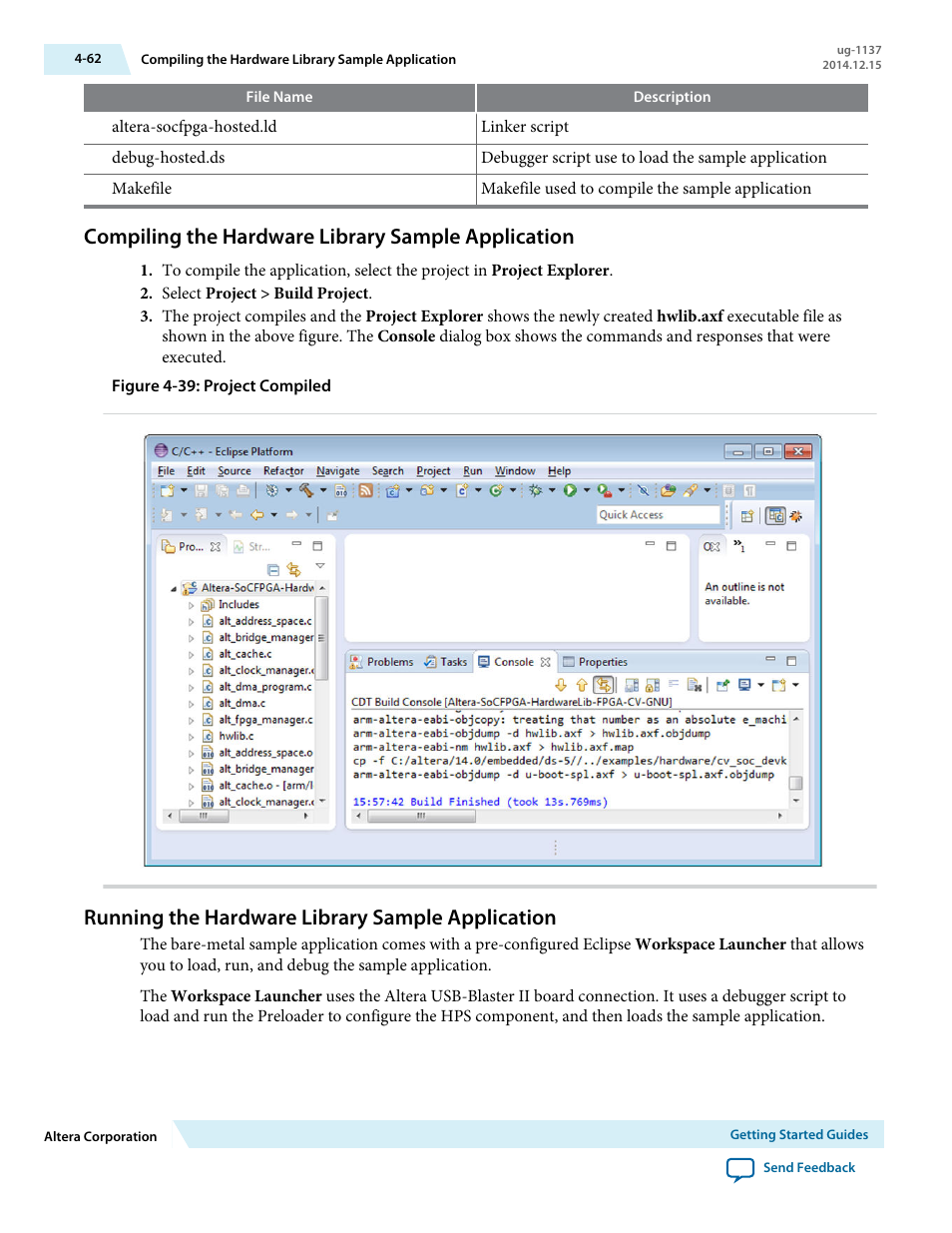 Compiling the hardware library sample application, Running the hardware library sample application | Altera SoC Embedded Design Suite User Manual | Page 81 / 207