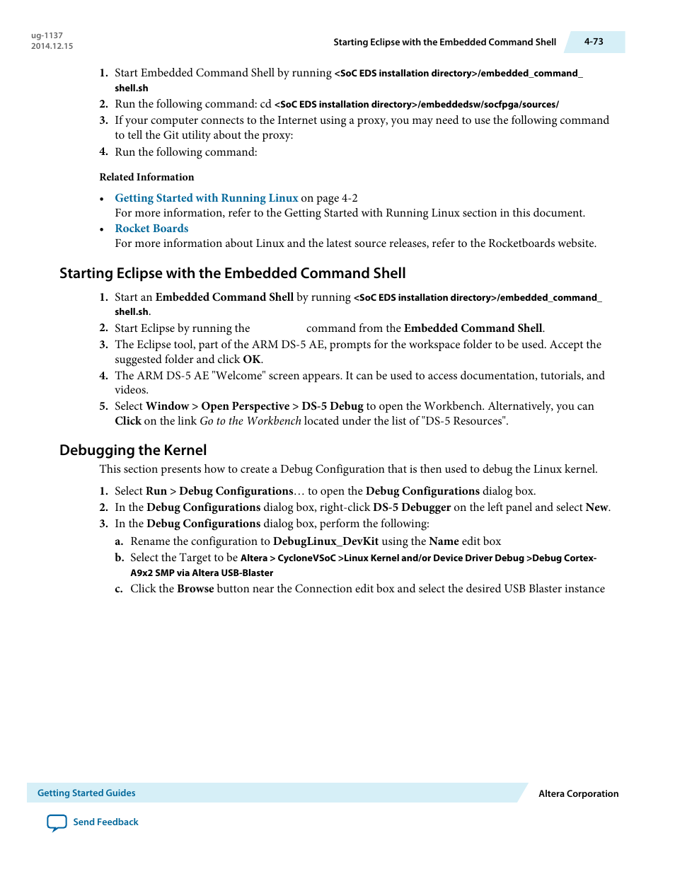 Starting eclipse with the embedded command shell, Debugging the kernel, Debugging the kernel -73 | Altera SoC Embedded Design Suite User Manual | Page 92 / 207