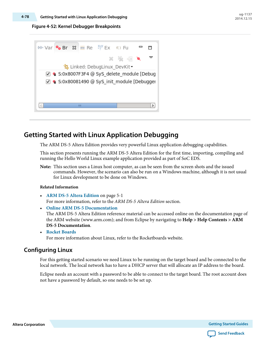 Getting started with linux application debugging, Configuring linux, Configuring linux -78 | Altera SoC Embedded Design Suite User Manual | Page 97 / 207