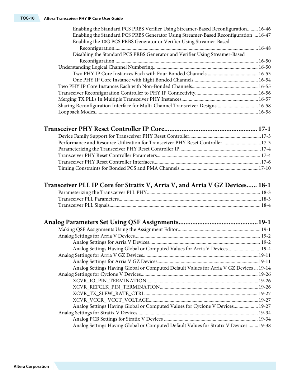 Transceiver phy reset controller ip core -1, Analog parameters set using qsf assignments -1 | Altera Transceiver PHY IP Core User Manual | Page 10 / 702