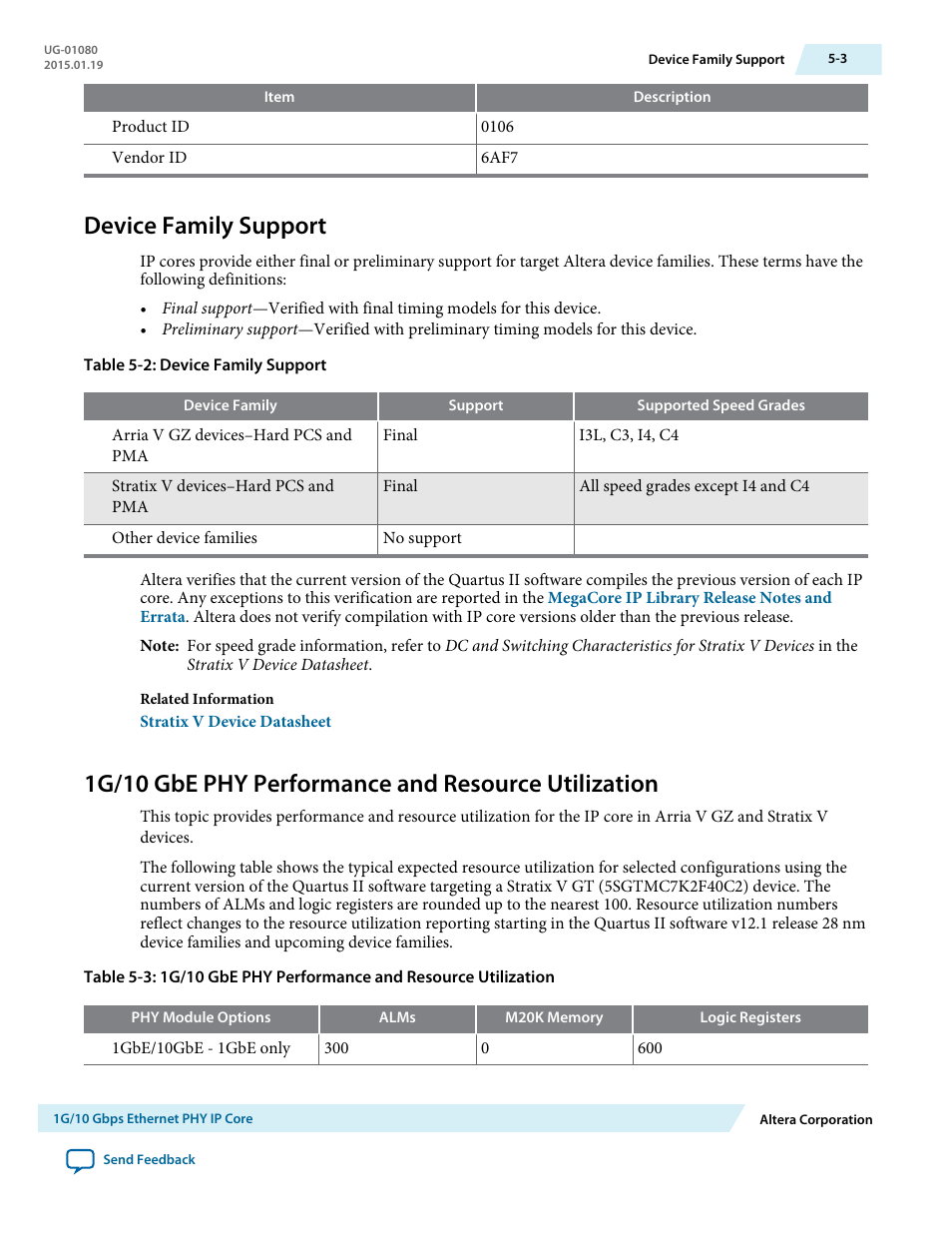 Device family support, 1g/10 gbe phy performance and resource utilization, Device family support -3 | Altera Transceiver PHY IP Core User Manual | Page 112 / 702