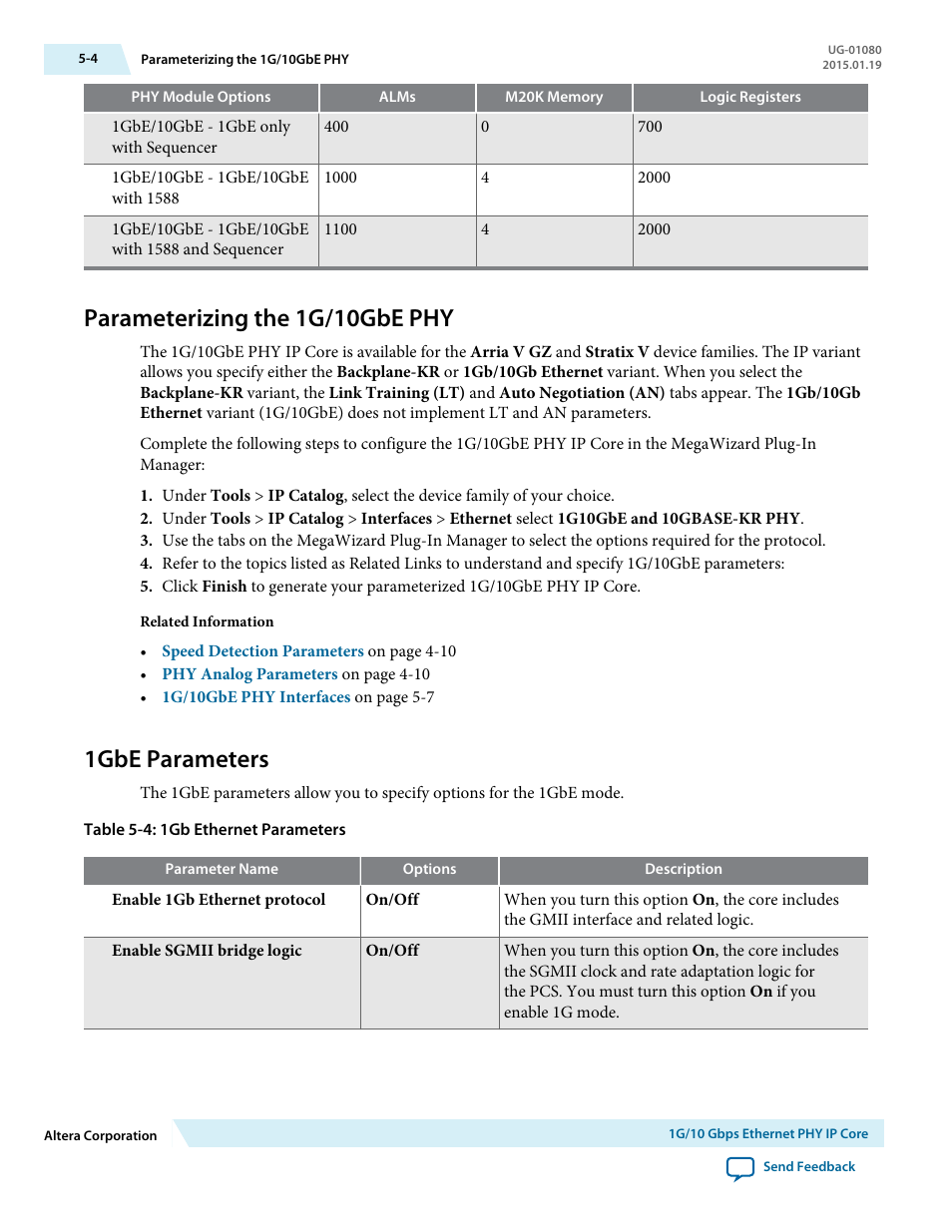 Parameterizing the 1g/10gbe phy, 1gbe parameters, Parameterizing the 1g/10gbe phy -4 | 1gbe parameters -4 | Altera Transceiver PHY IP Core User Manual | Page 113 / 702