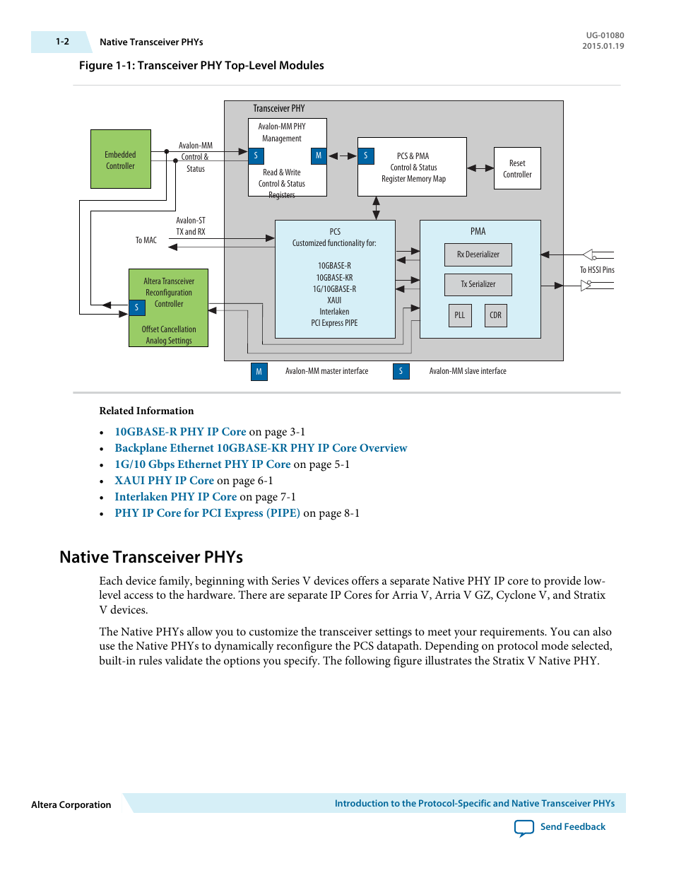 Native transceiver phys, Native transceiver phys -2 | Altera Transceiver PHY IP Core User Manual | Page 13 / 702