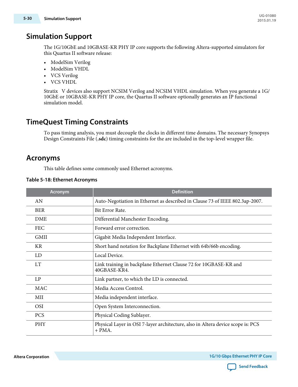 Simulation support, Timequest timing constraints, Acronyms | Simulation support -30, Timequest timing constraints -30, Acronyms -30 | Altera Transceiver PHY IP Core User Manual | Page 139 / 702