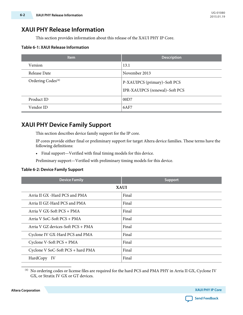 Xaui phy release information, Xaui phy device family support, Xaui phy release information -2 | Xaui phy device family support -2 | Altera Transceiver PHY IP Core User Manual | Page 142 / 702