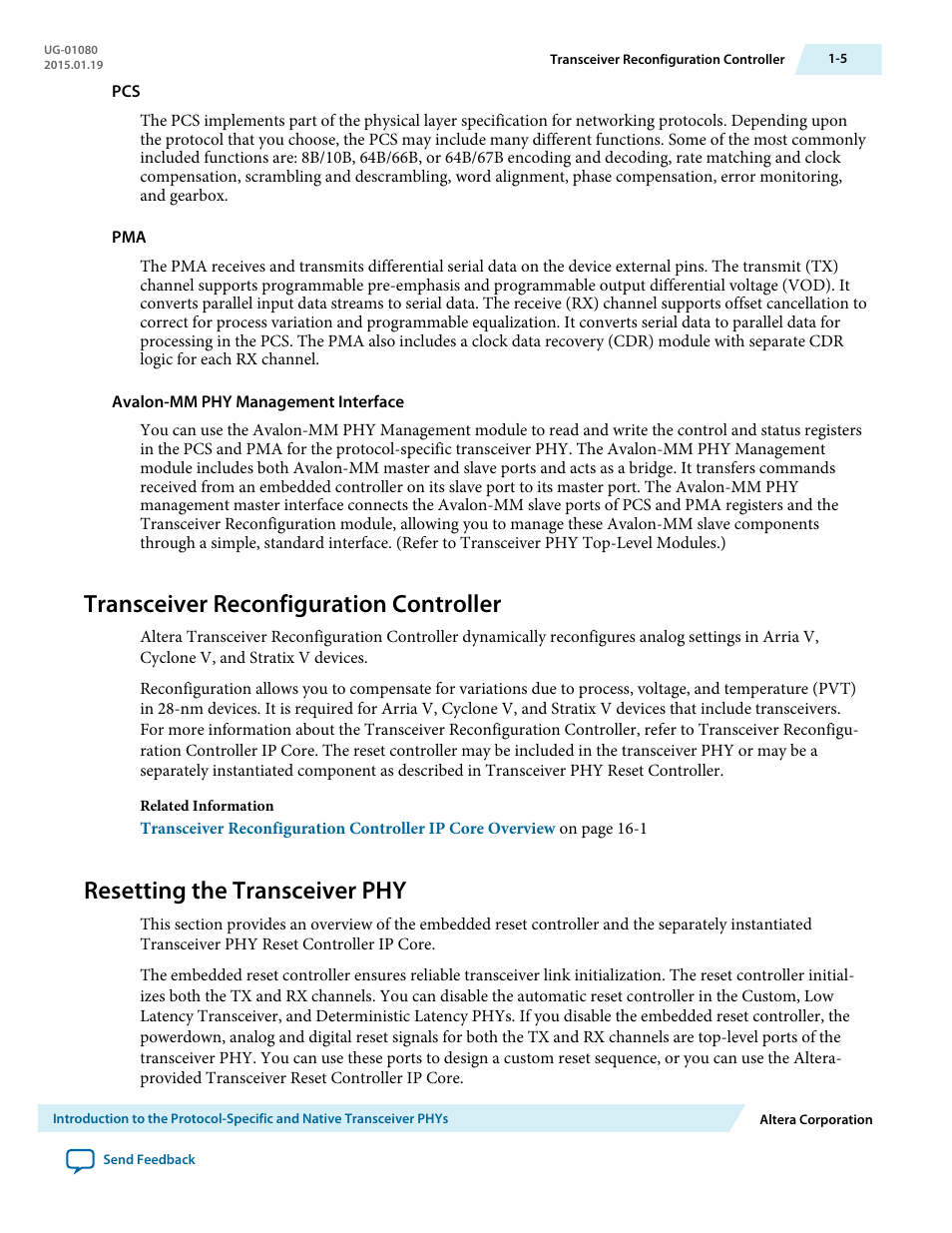 Transceiver reconfiguration controller, Resetting the transceiver phy, Transceiver reconfiguration controller -5 | Resetting the transceiver phy -5 | Altera Transceiver PHY IP Core User Manual | Page 16 / 702