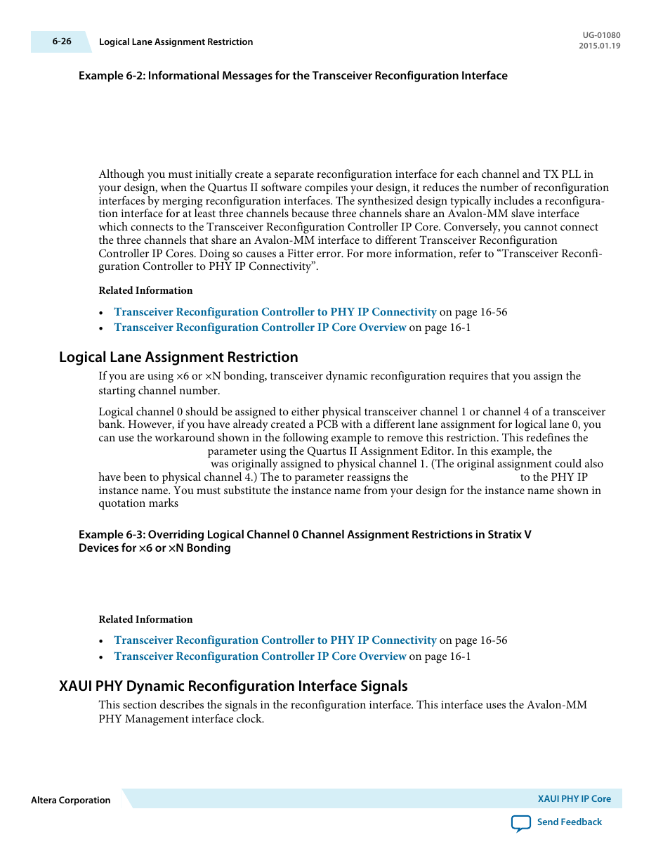 Logical lane assignment restriction, Xaui phy dynamic reconfiguration interface signals, Logical lane assignment restriction -26 | Altera Transceiver PHY IP Core User Manual | Page 166 / 702