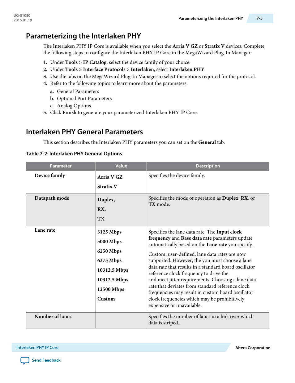 Parameterizing the interlaken phy, Interlaken phy general parameters, Parameterizing the interlaken phy -3 | Interlaken phy general parameters -3 | Altera Transceiver PHY IP Core User Manual | Page 170 / 702