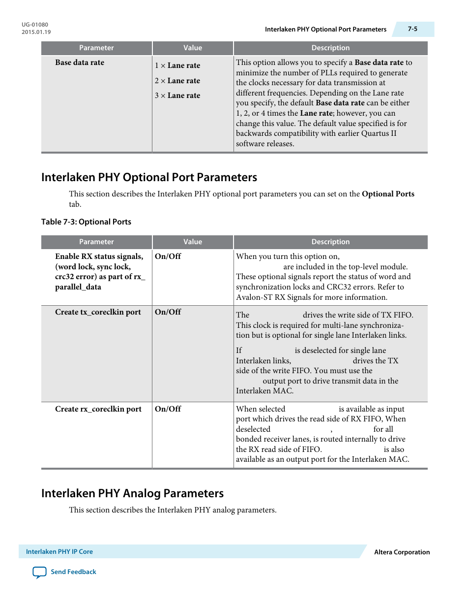 Interlaken phy optional port parameters, Interlaken phy analog parameters, Interlaken phy optional port parameters -5 | Interlaken phy analog parameters -5 | Altera Transceiver PHY IP Core User Manual | Page 172 / 702