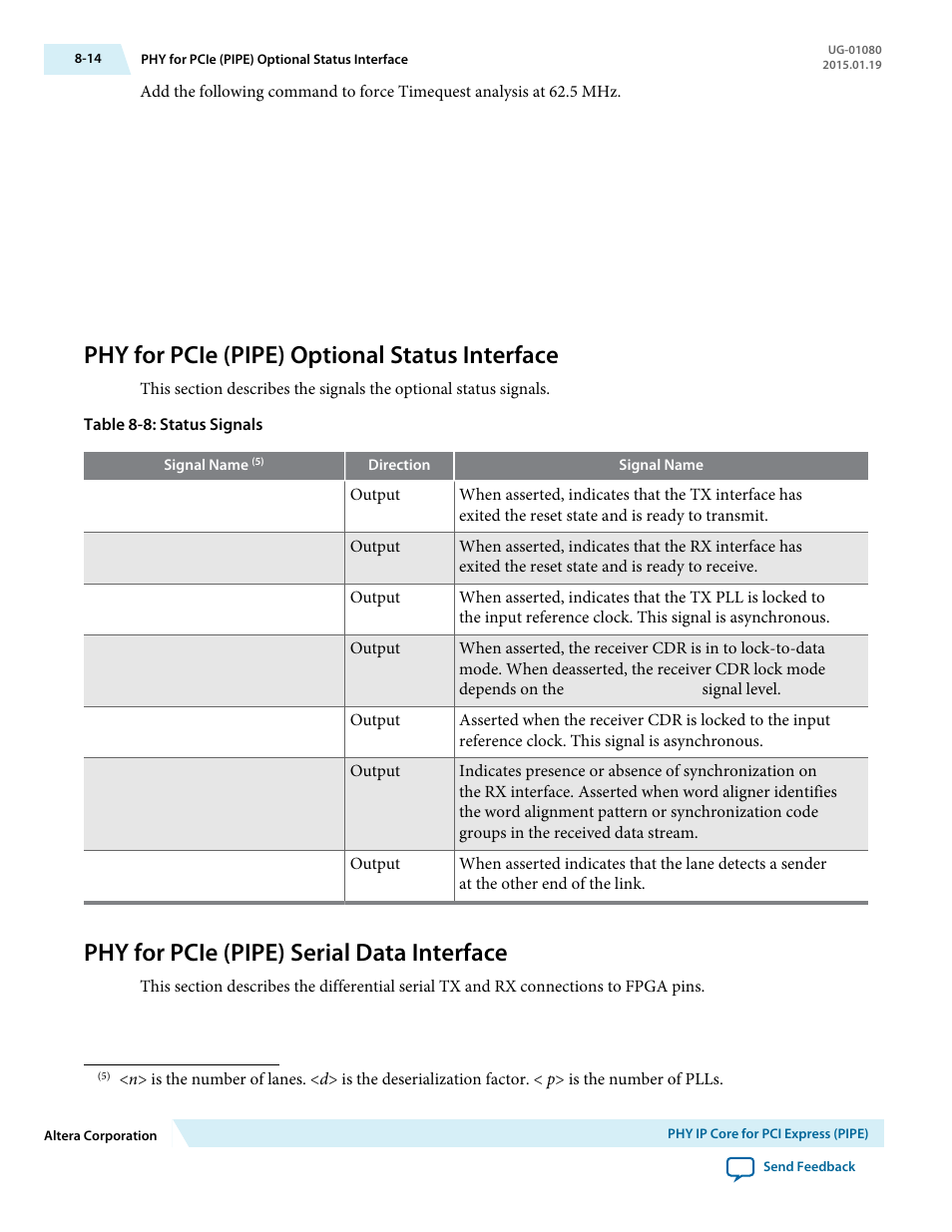 Phy for pcie (pipe) optional status interface, Phy for pcie (pipe) serial data interface, Phy for pcie (pipe) optional status interface -14 | Phy for pcie (pipe) serial data interface -14 | Altera Transceiver PHY IP Core User Manual | Page 202 / 702