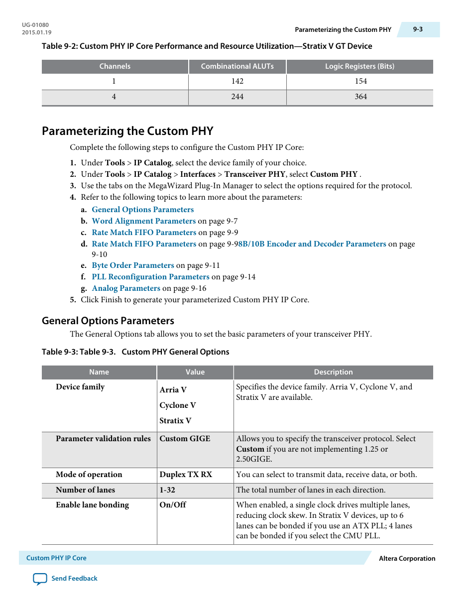 Parameterizing the custom phy, General options parameters, Parameterizing the custom phy -3 | General options parameters -3 | Altera Transceiver PHY IP Core User Manual | Page 216 / 702