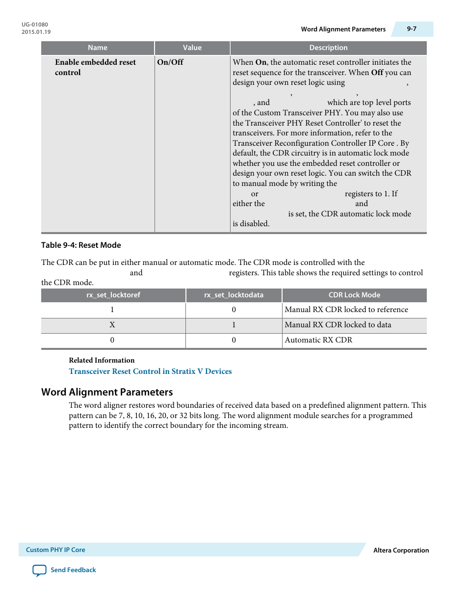 Word alignment parameters, Word alignment parameters -7 | Altera Transceiver PHY IP Core User Manual | Page 220 / 702