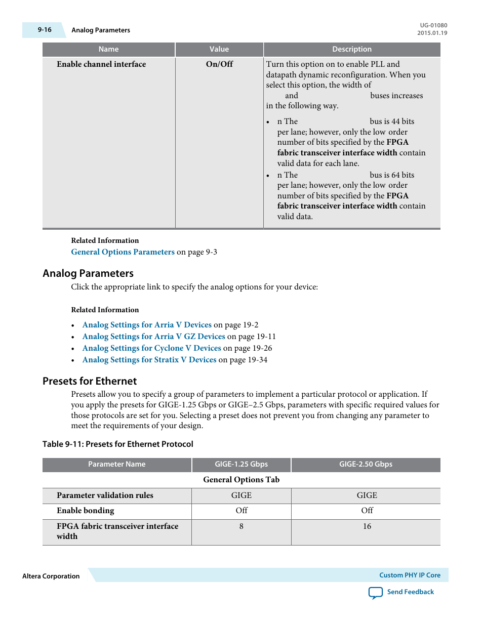 Analog parameters, Presets for ethernet, Analog parameters -16 | Presets for ethernet -16 | Altera Transceiver PHY IP Core User Manual | Page 229 / 702