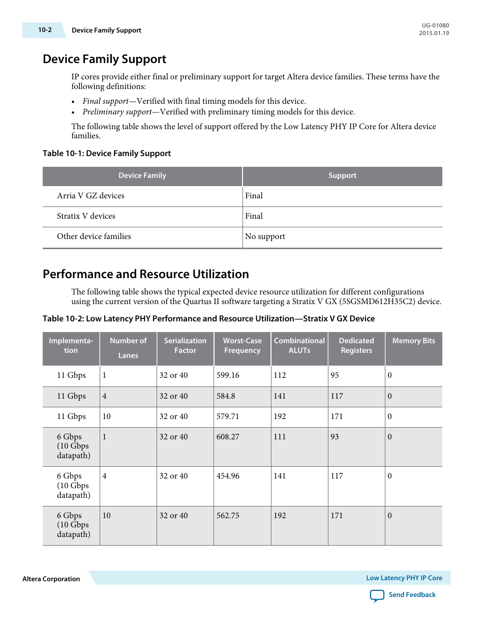 Device family support, Performance and resource utilization, Device family support -2 | Performance and resource utilization -2 | Altera Transceiver PHY IP Core User Manual | Page 249 / 702