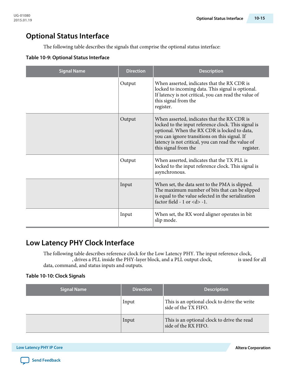 Optional status interface, Low latency phy clock interface, Optional status interface -15 | Low latency phy clock interface -15 | Altera Transceiver PHY IP Core User Manual | Page 262 / 702