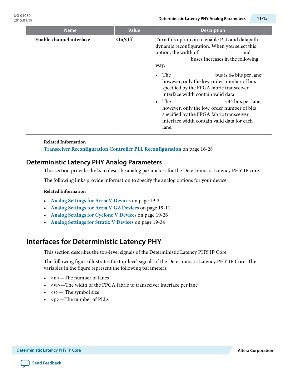 Deterministic latency phy analog parameters, Interfaces for deterministic latency phy, Deterministic latency phy analog parameters -15 | Interfaces for deterministic latency phy -15 | Altera Transceiver PHY IP Core User Manual | Page 283 / 702