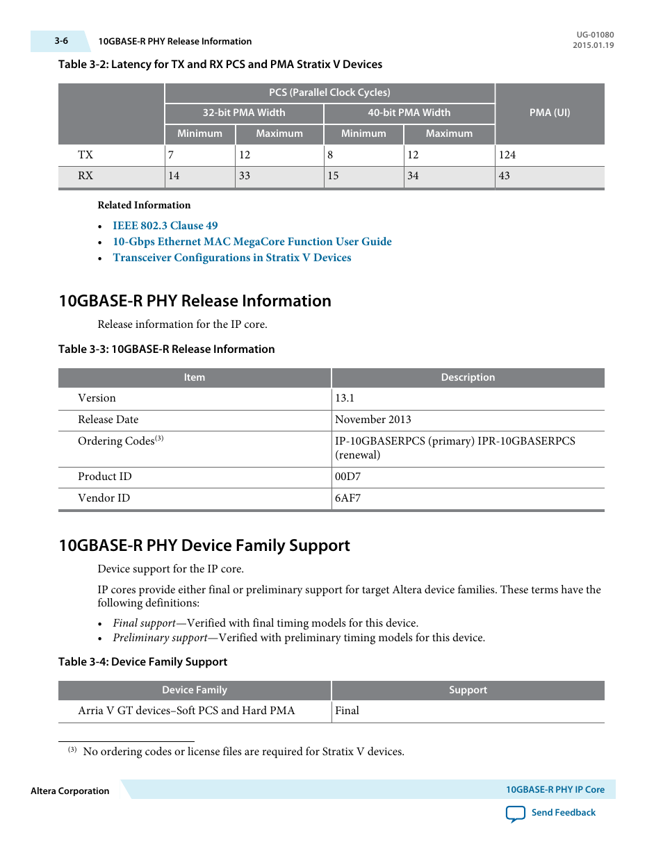 10gbase-r phy release information, 10gbase-r phy device family support, 10gbase-r phy release information -6 | 10gbase-r phy device family support -6 | Altera Transceiver PHY IP Core User Manual | Page 30 / 702