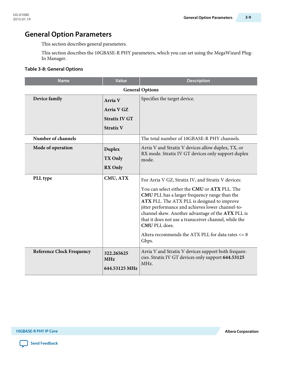 General option parameters, General option parameters -9 | Altera Transceiver PHY IP Core User Manual | Page 33 / 702