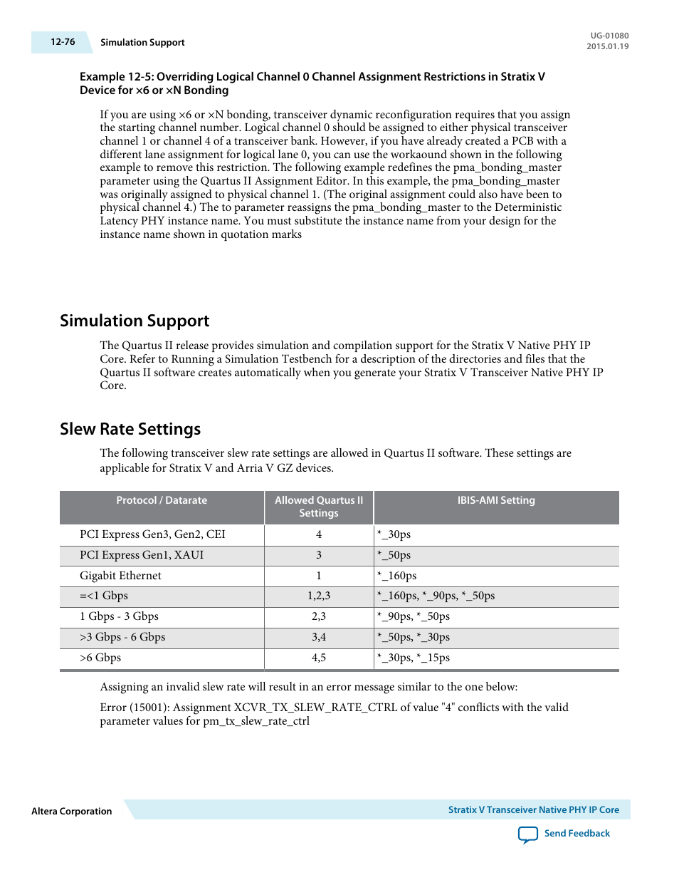 Simulation support, Slew rate settings, Simulation support -76 | Slew rate settings -76 | Altera Transceiver PHY IP Core User Manual | Page 374 / 702