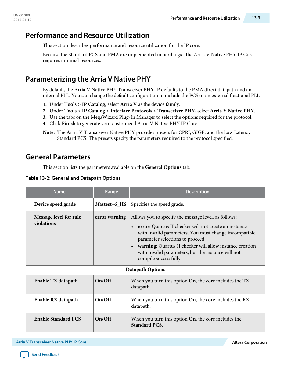 Performance and resource utilization, Parameterizing the arria v native phy, General parameters | Performance and resource utilization -3, Parameterizing the arria v native phy -3, General parameters -3 | Altera Transceiver PHY IP Core User Manual | Page 378 / 702