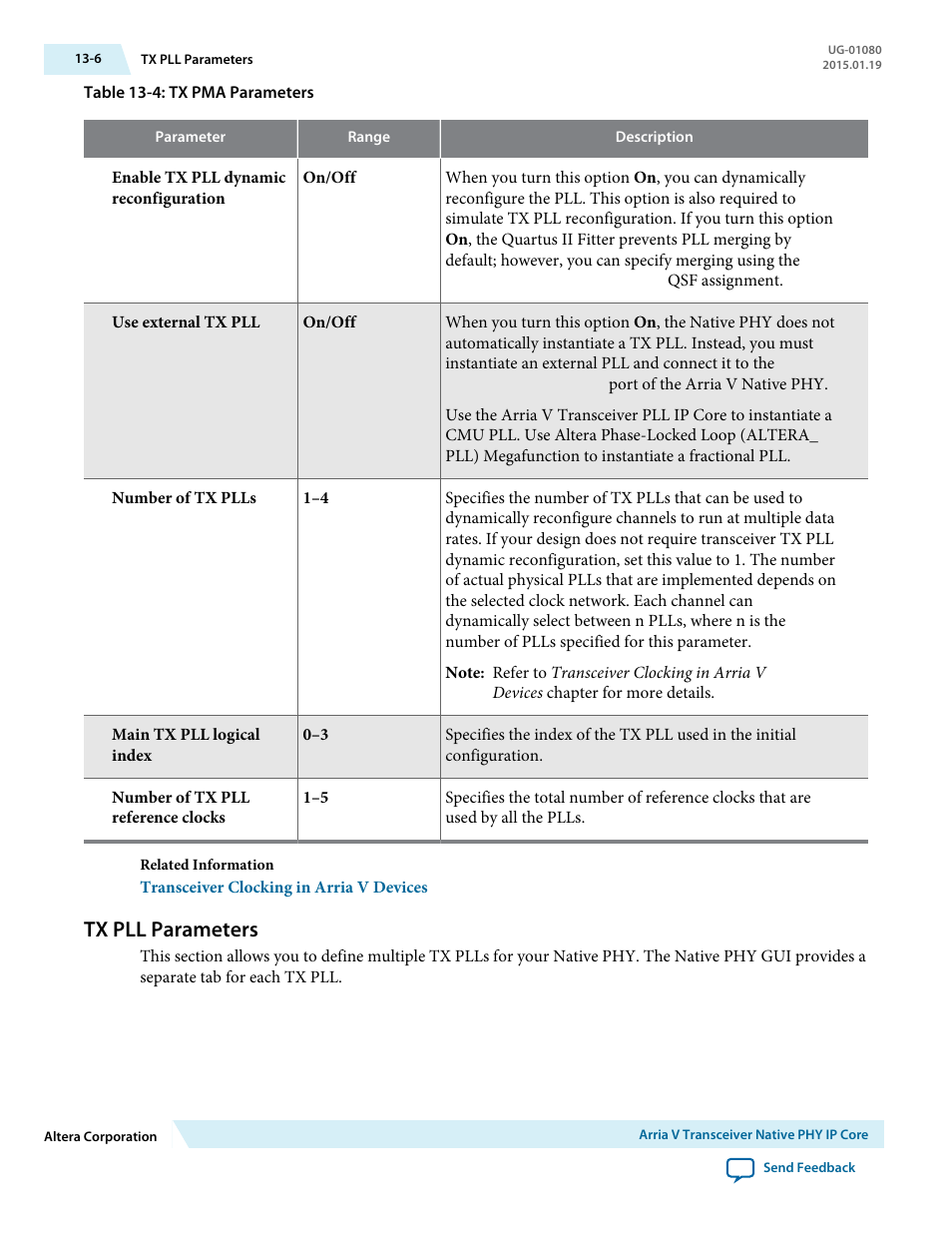 Tx pll parameters, Tx pll parameters -6 | Altera Transceiver PHY IP Core User Manual | Page 381 / 702