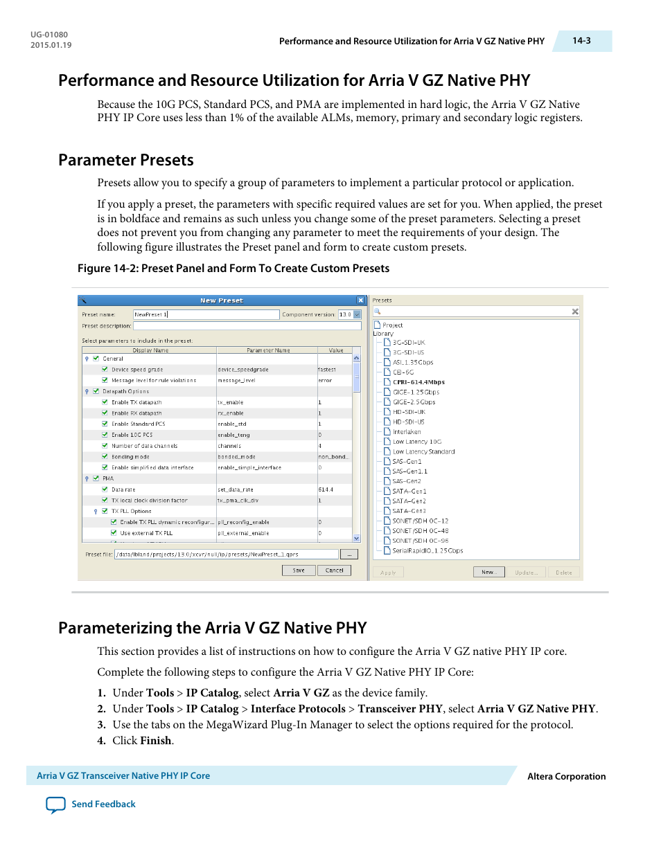 Parameter presets, Parameterizing the arria v gz native phy, Parameter presets -3 | Parameterizing the arria v gz native phy -3 | Altera Transceiver PHY IP Core User Manual | Page 414 / 702