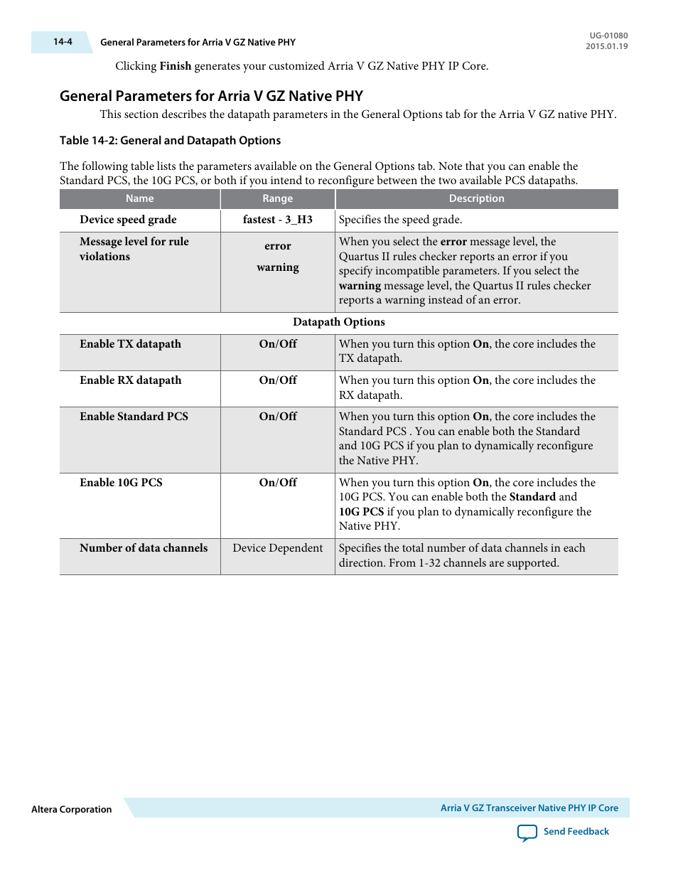 General parameters for arria v gz native phy, General parameters for arria v gz native phy -4 | Altera Transceiver PHY IP Core User Manual | Page 415 / 702