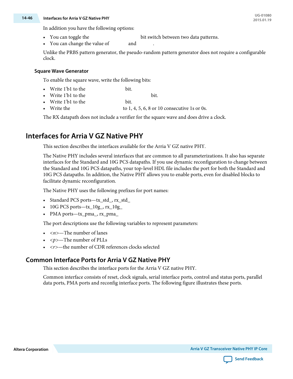 Interfaces for arria v gz native phy, Common interface ports for arria v gz native phy, Interfaces for arria v gz native phy -46 | Altera Transceiver PHY IP Core User Manual | Page 457 / 702