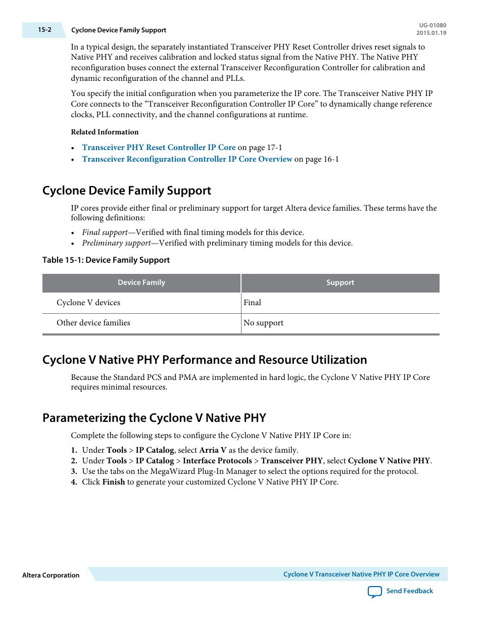 Cyclone device family support, Parameterizing the cyclone v native phy, Cyclone device family support -2 | Parameterizing the cyclone v native phy -2 | Altera Transceiver PHY IP Core User Manual | Page 485 / 702