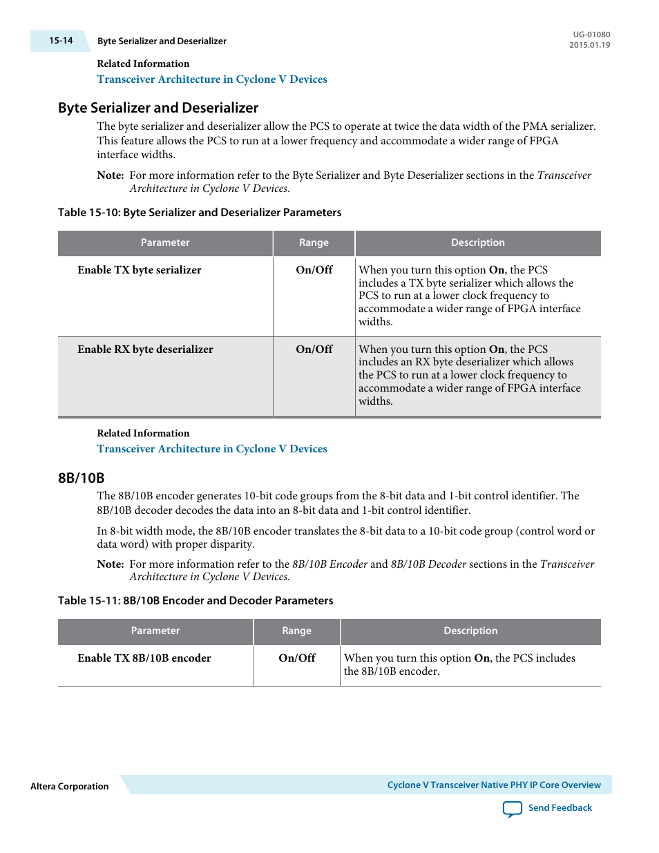 Byte serializer and deserializer, 8b/10b, Byte serializer and deserializer -14 | 8b/10b -14 | Altera Transceiver PHY IP Core User Manual | Page 497 / 702