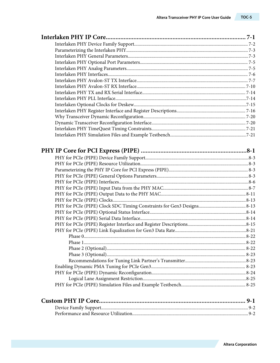 Interlaken phy ip core -1, Phy ip core for pci express (pipe) -1, Custom phy ip core -1 | Altera Transceiver PHY IP Core User Manual | Page 5 / 702