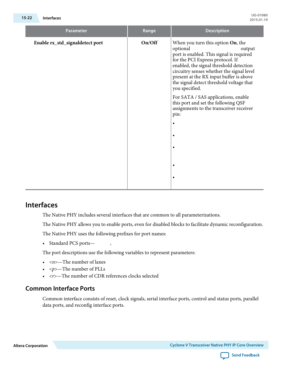 Interfaces, Common interface ports, Interfaces -22 | Common interface ports -22 | Altera Transceiver PHY IP Core User Manual | Page 505 / 702