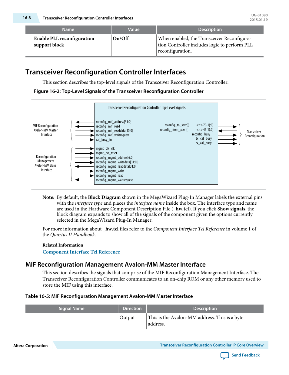 Transceiver reconfiguration controller interfaces | Altera Transceiver PHY IP Core User Manual | Page 525 / 702