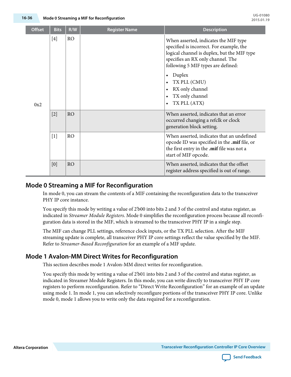 Mode 0 streaming a mif for reconfiguration, Mode 1 avalon-mm direct writes for reconfiguration, Mode 0 streaming a mif for reconfiguration -36 | Altera Transceiver PHY IP Core User Manual | Page 553 / 702