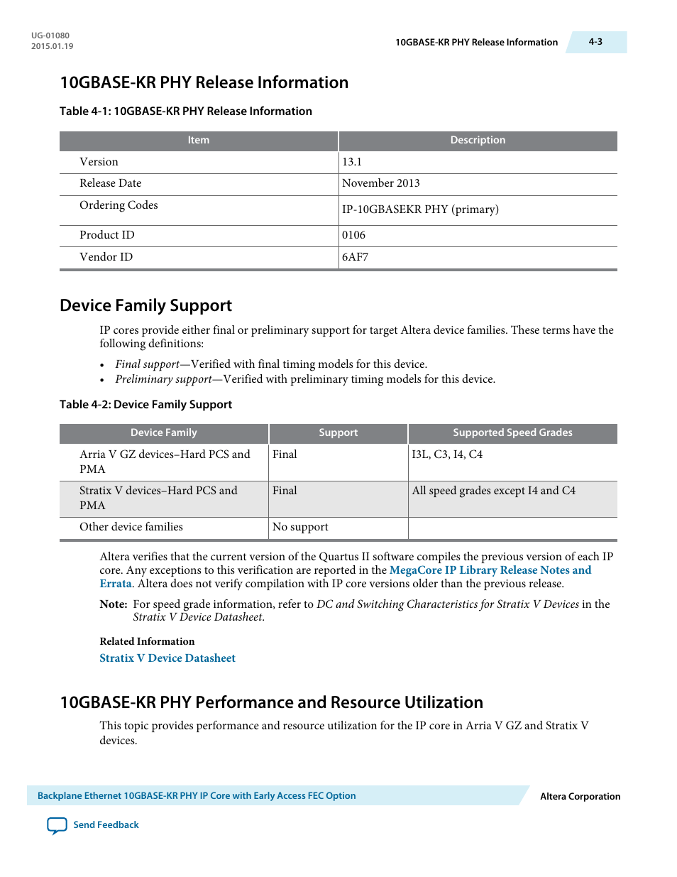 10gbase-kr phy release information, Device family support, 10gbase-kr phy release information -3 | Device family support -3 | Altera Transceiver PHY IP Core User Manual | Page 59 / 702