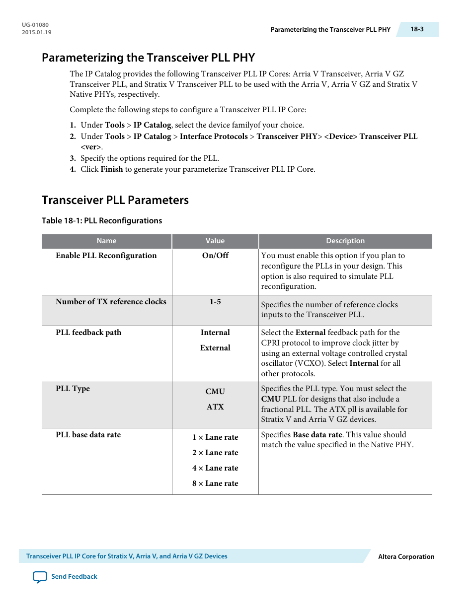 Parameterizing the transceiver pll phy, Transceiver pll parameters, Parameterizing the transceiver pll phy -3 | Transceiver pll parameters -3 | Altera Transceiver PHY IP Core User Manual | Page 592 / 702