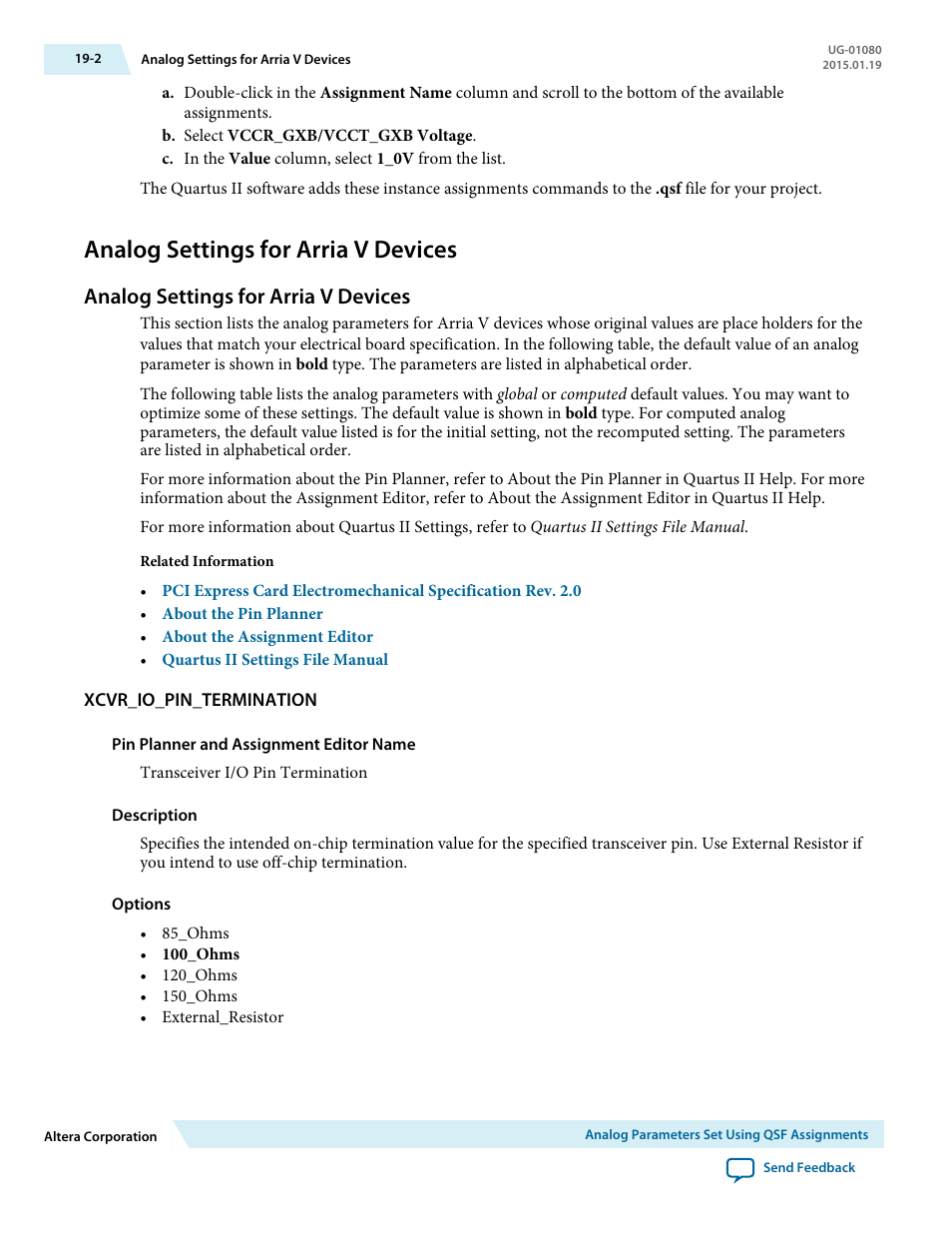 Analog settings for arria v devices, Xcvr_io_pin_termination, Analog settings for arria v devices -2 | Altera Transceiver PHY IP Core User Manual | Page 596 / 702